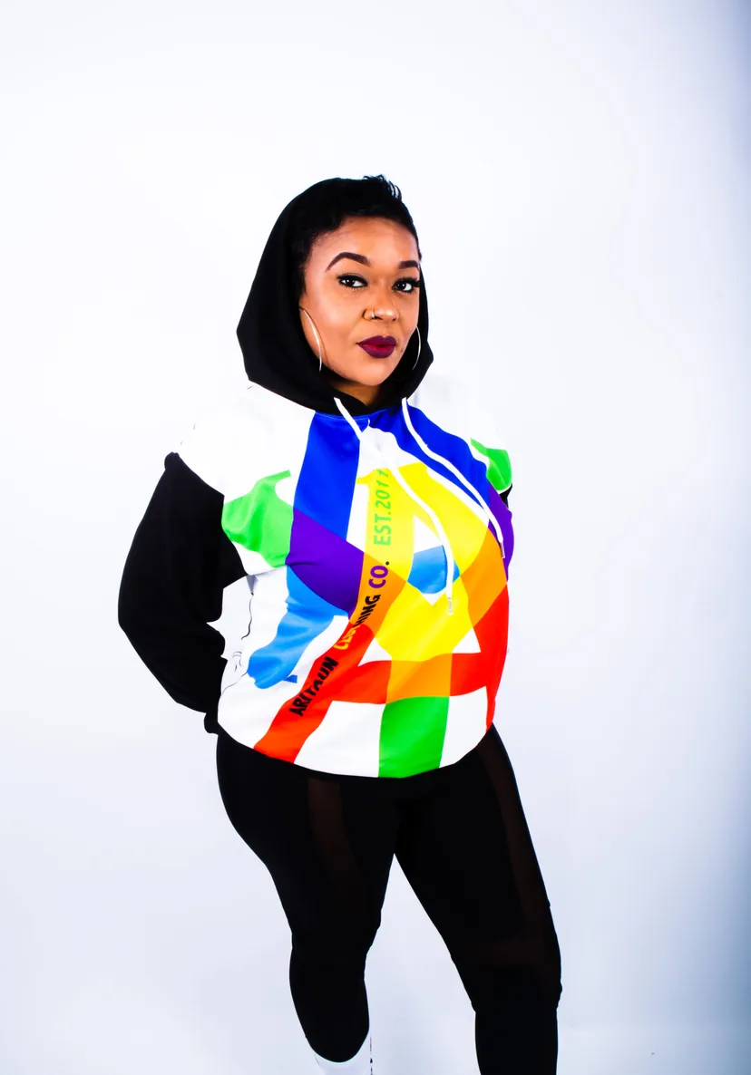 Woman in a colour-block Ariyaun hoodie